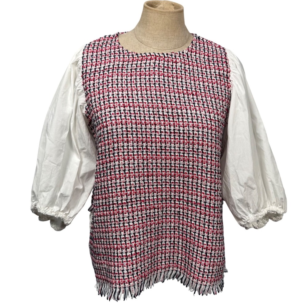 ZARA Tweed Women XS Puff Sleeve Fringe Top Blouse White Pink Academia‎ Preppy